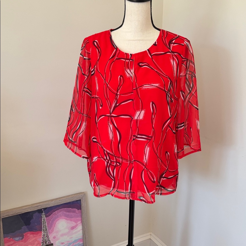 Red Sheer Blouse with Abstract Design